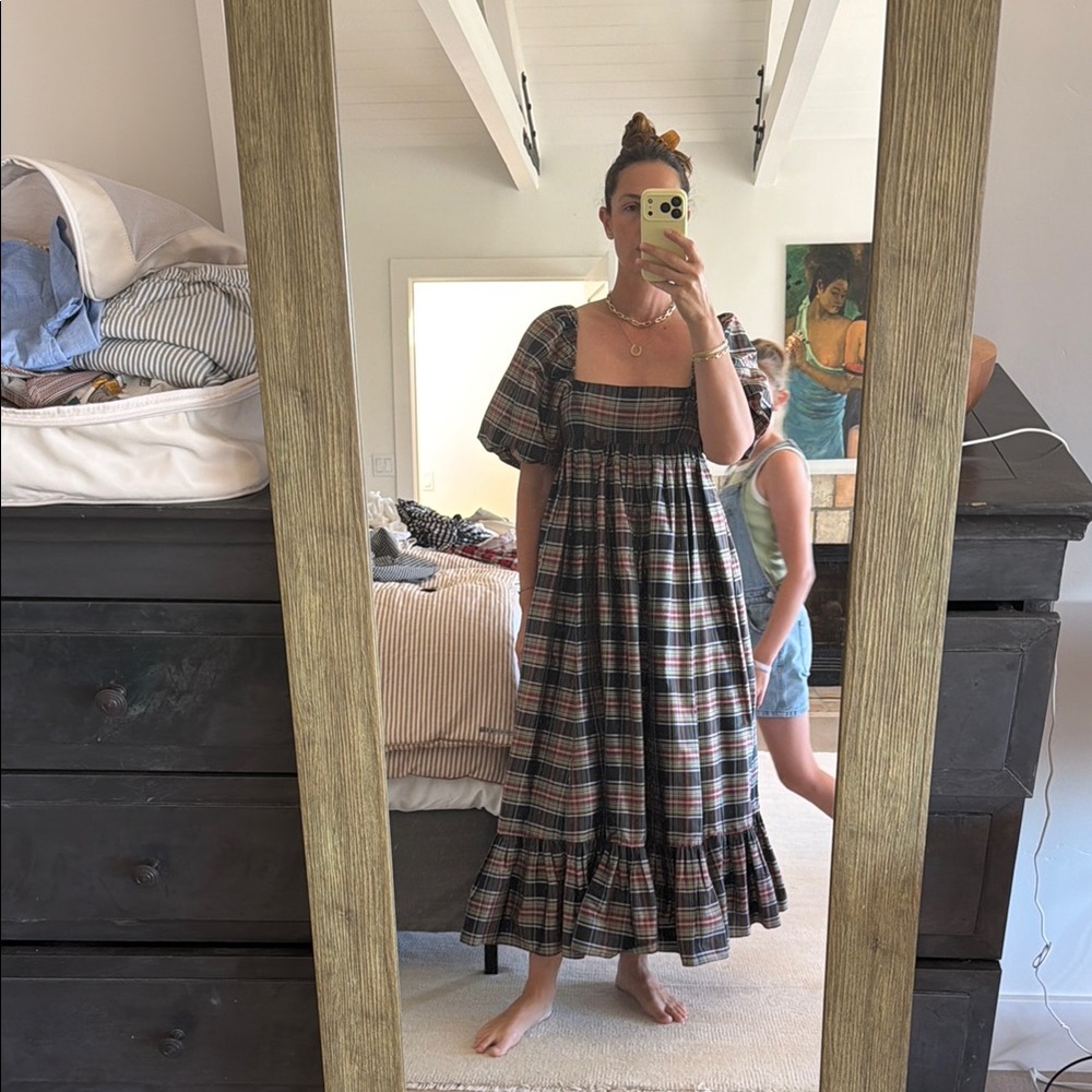 Doen Plaid Square-Neck Puff Sleeve Maxi Dress in Navy, Olive & Rust
